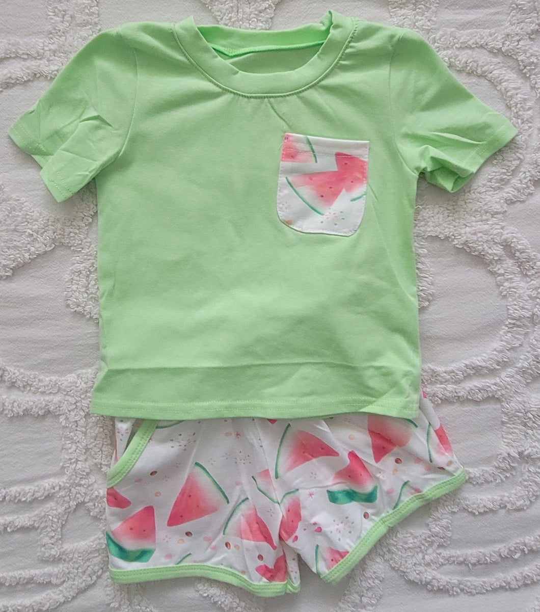 Watercolor watermelon boy short set