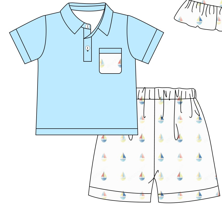 Blue sailboat boy short set (Preorder ETA June)